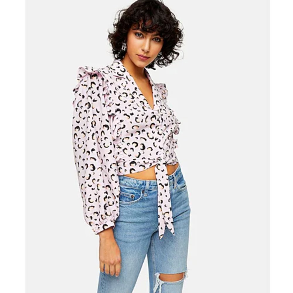 TOPSHOP Pink Animal Print Frill Tie Front Blouse Size 4